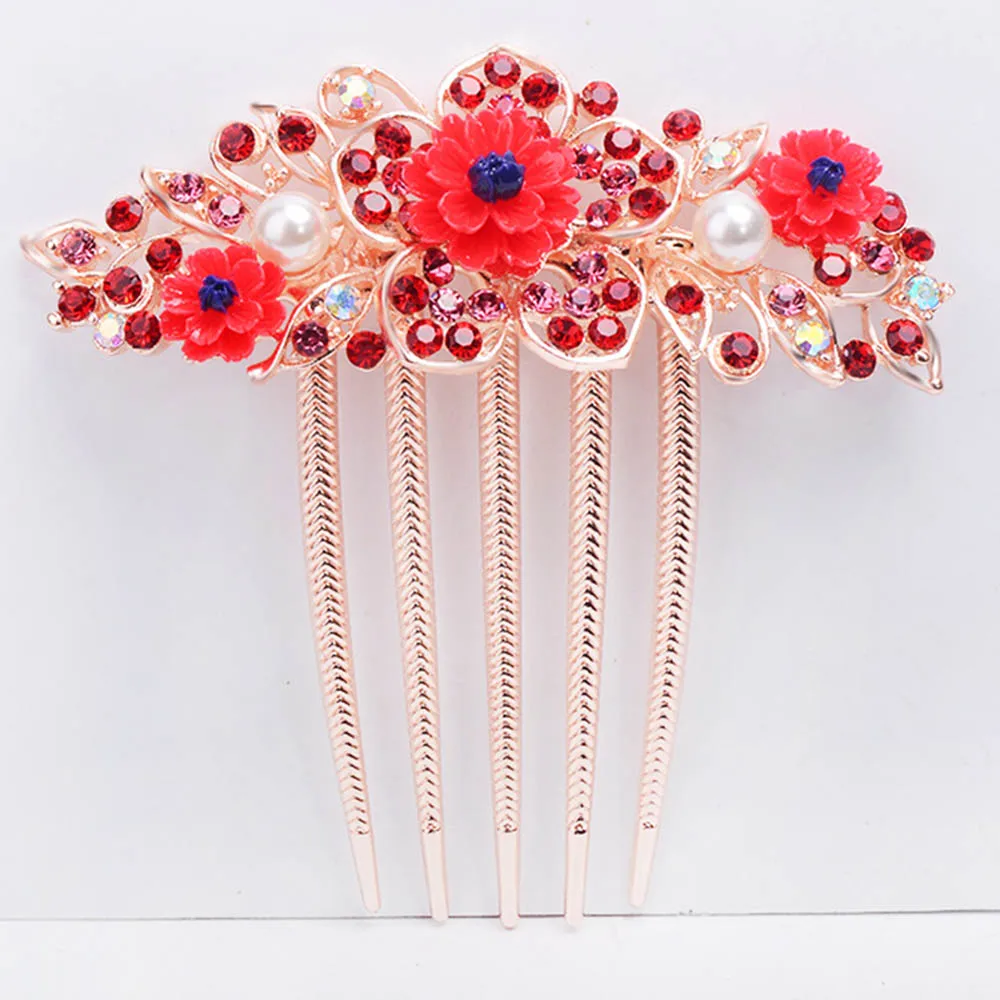 Bridal Sweet Rose Hair Comb Flower Messy Bun Maker Glittering Rhinestones Hair Piece for Woman Hair Decorative Ornaments