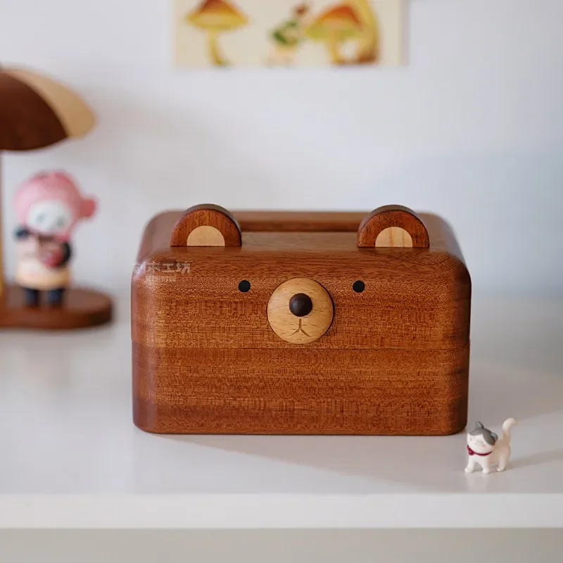 Cute Bear-Shaped Solid Wood Tissue Box, Cartoon Napkin Holder for Entryway Decor, Aesthetic Home Accent for Living Room