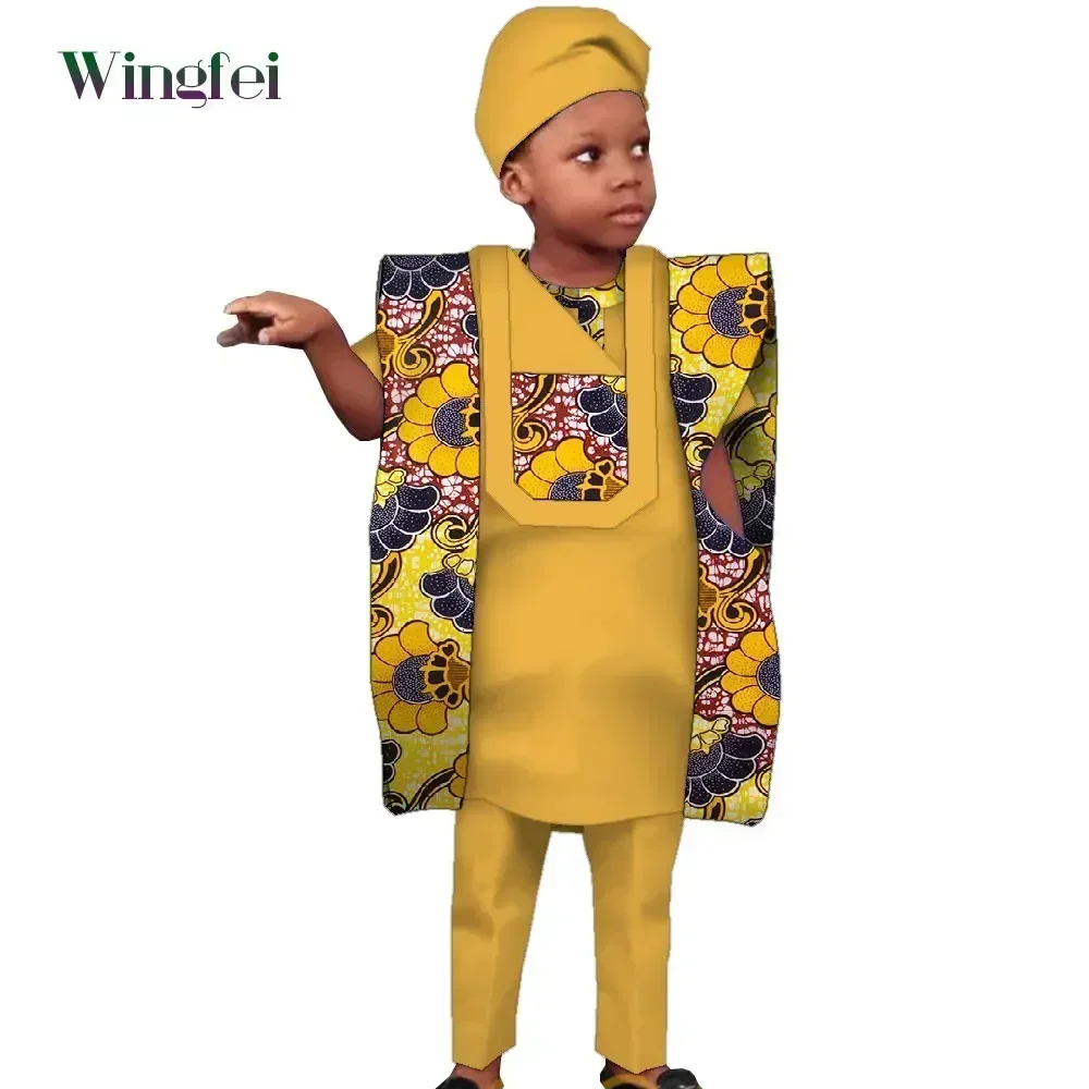 Children's Clothing African Agbada Robe Suit for Kids Patchwork Dashiki Boy Suit 4 Pcs Set Shirt Pant and Coat with Hat WYT619