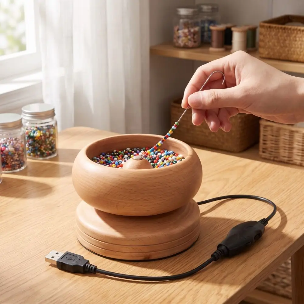 Easy Rotation Wooden Bead Spinner Automatic Speed Solid Wood Bead Loader Spinner with Needle Wooden Electric Spinning Bead Bowl