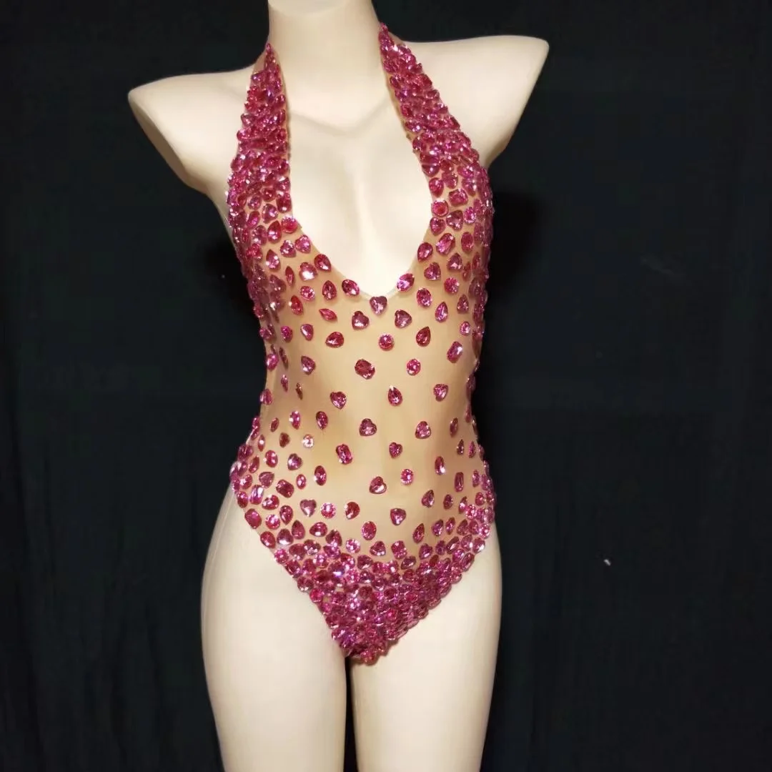 Sexy Rhinestone Bodysuit For Women Party Club Night Summer Bikini Deep V Beach Stage Wear Leotard Festival Outfits