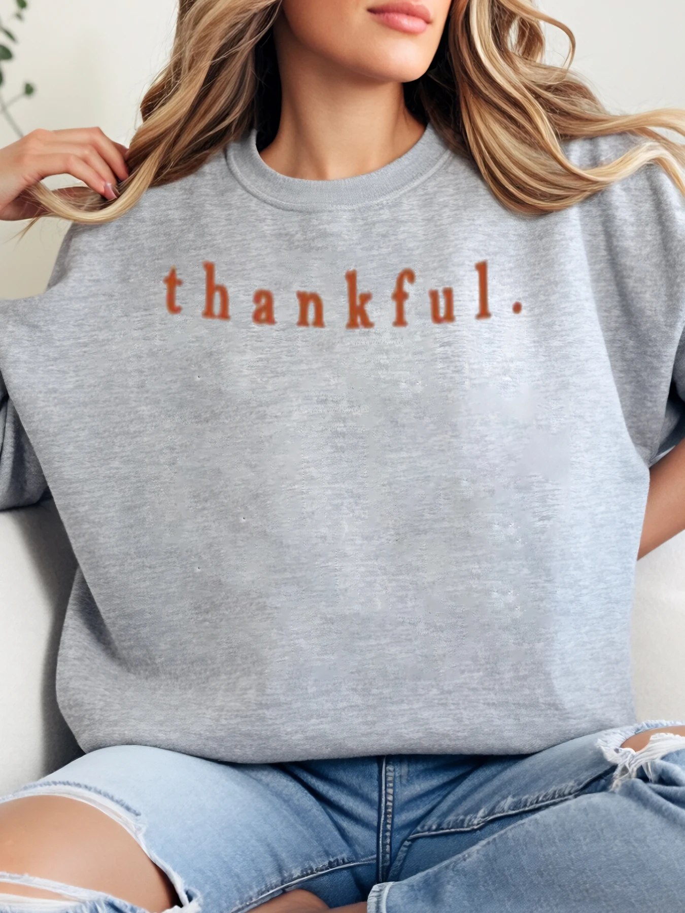 سويت شيرت نسائي بفتحة رقبة مستديرة مطبوع عليه Thanksgiving ملابس غير رسمية باللون الرمادي مقاس كبير #1