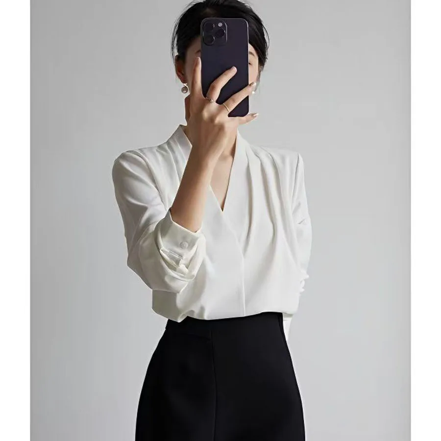 Autumn New Women's Chiffon White V-neck Blouse Long-sleeved White Temperament Office Lady Top Elegant Female Commuter Shirt Chic