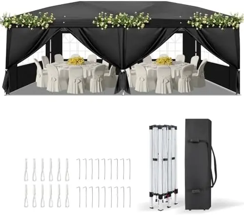 10x20 ft Pop Up Canopy Tent with 6 Sidewalls with Carry Bag, Outdoor Canopy Patio Event Tent Commercial Canopy(Black)
