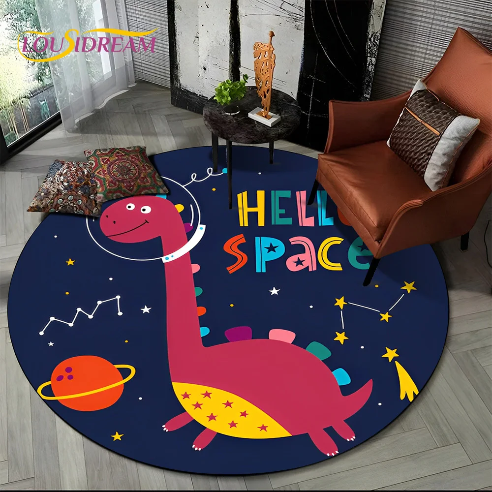 Cartoon Dino Cute Dinosaur Space Children Round Carpet Rug for Living Room Bedroom Chair Decor,Pet Area Rug Non-slip Floor Mat