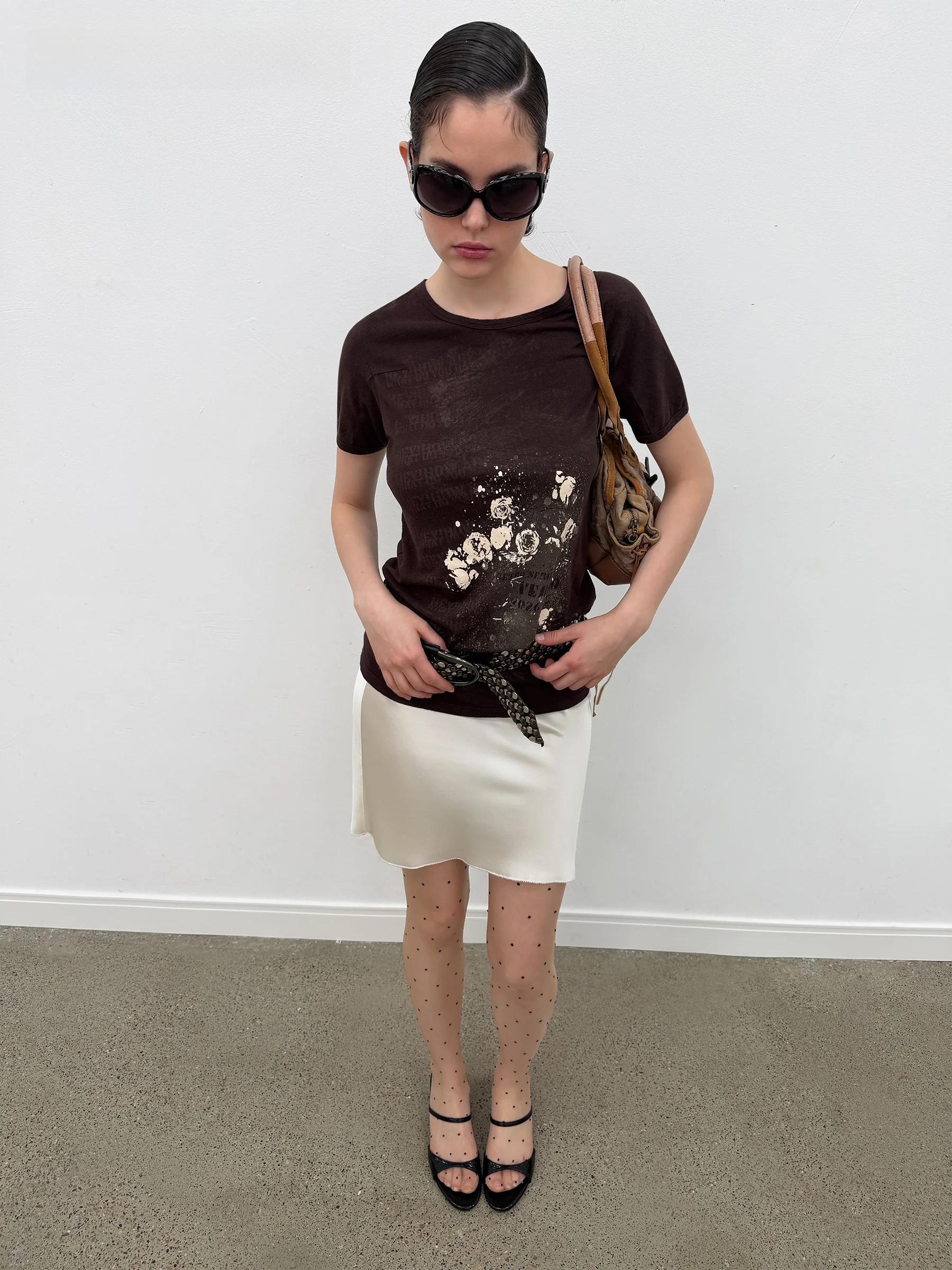 VERMO Retro Washed Distressed Multi-layer Shiny Rose Print Deconstructed T-shirt Women's Summer Breathable round Neck Short S...