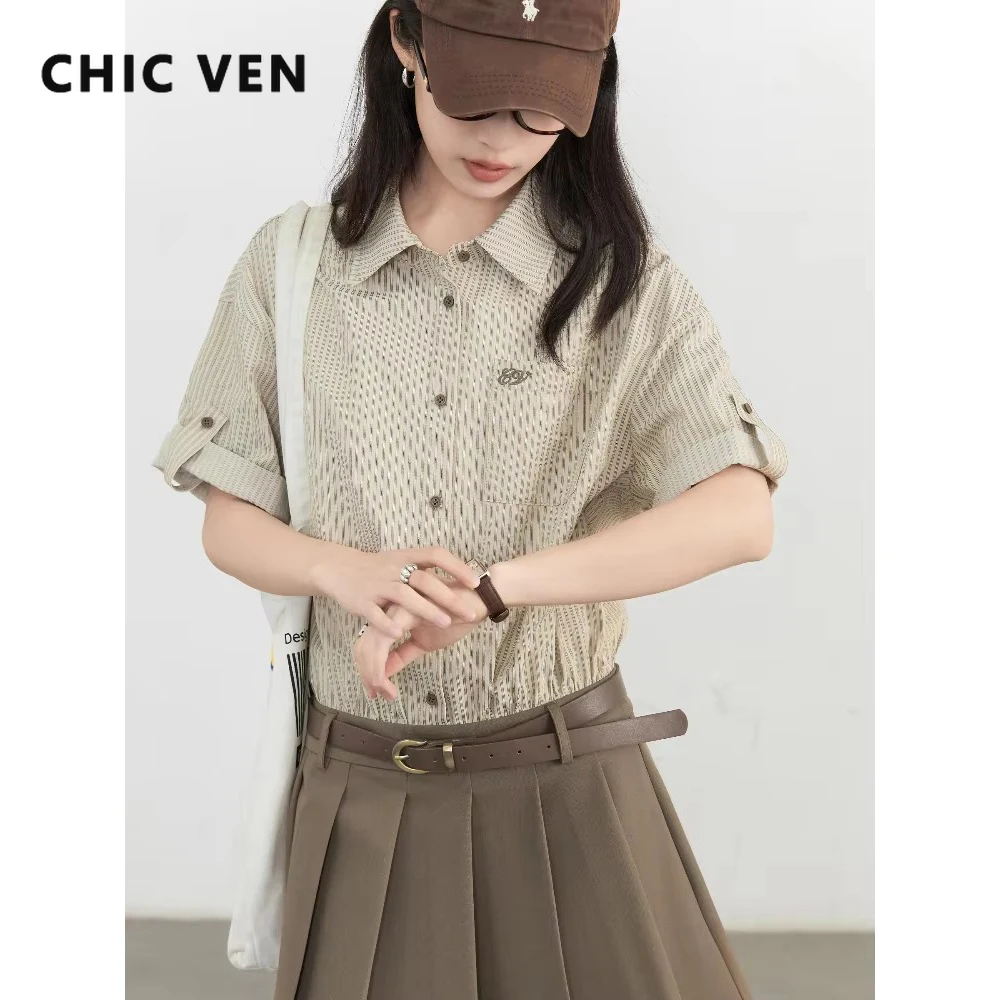 

CHIC VEN Korean Women Dresses A Line New Patchwork Embroidered Ladies Striped Short Sleeved Shirt Dress Spring Summer 2025