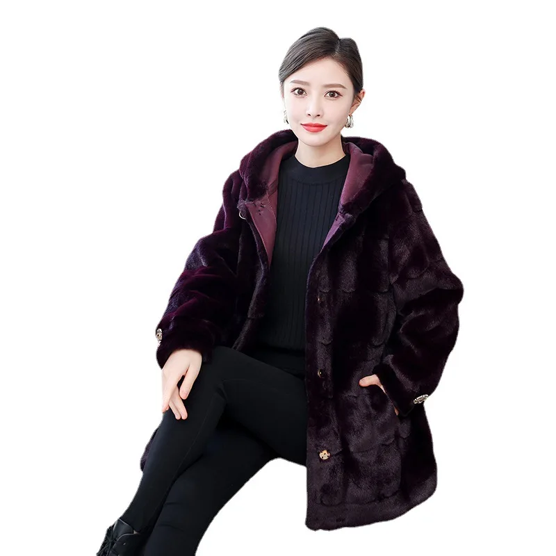 Denmark Mink Women\'s Fur Coat 2021 Winter New Fashion Rhinestone Elegant Thick Warm Outerwear Fake Fur Coat Loose Hooded Female