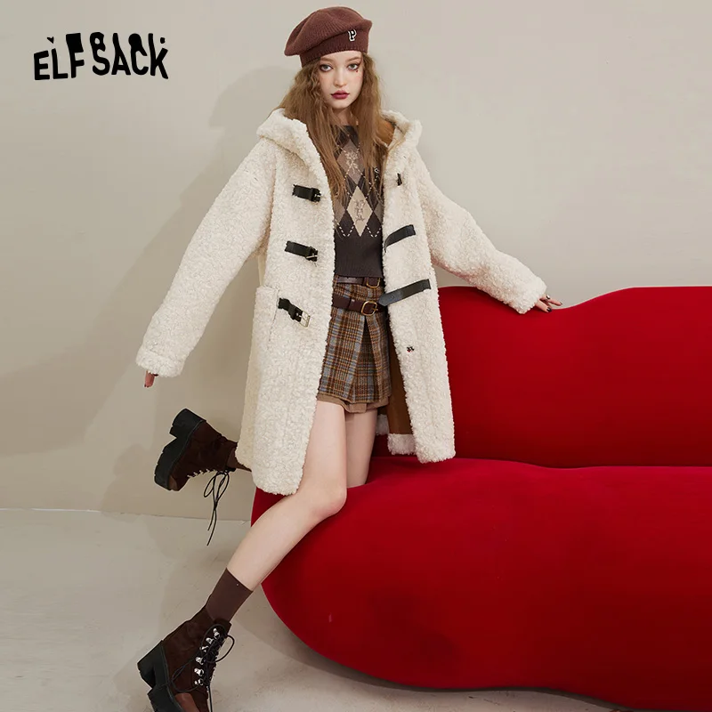 

ELFSACK White Lambs Wool Coats Women Winter Warm Mid-Length Outwears