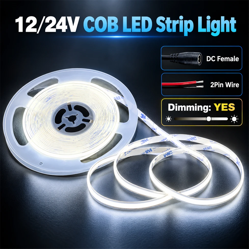 DC12V 24V COB LED Strip Dimmable Linear Tape Light DC Plug 2Pin 8MM Ultra Thin High Brightness Bedroom Staircase Home Decoration