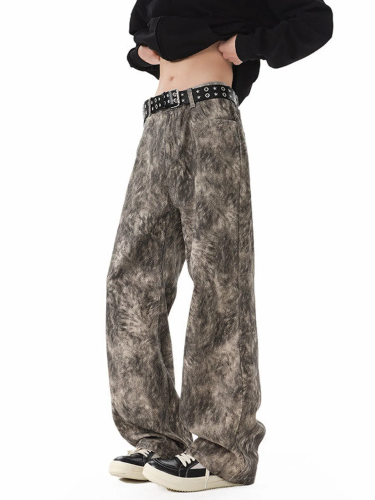 

American Street Sle Tie Dye Embroidered Wide Leg Jeans for Men Casual Loose Fit Jeans Youthful Trendy Wear Resistant