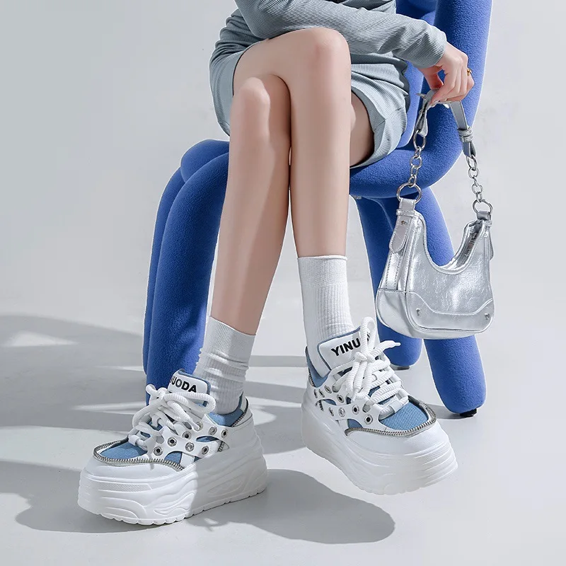 النساء 8 سنتيمتر منصة أحذية رياضية حذاء قماش 2026 الخريف الدانتيل يصل مكتنزة مبركن أحذية التزلج النساء تنفس الراحة أحذية رياضية #2