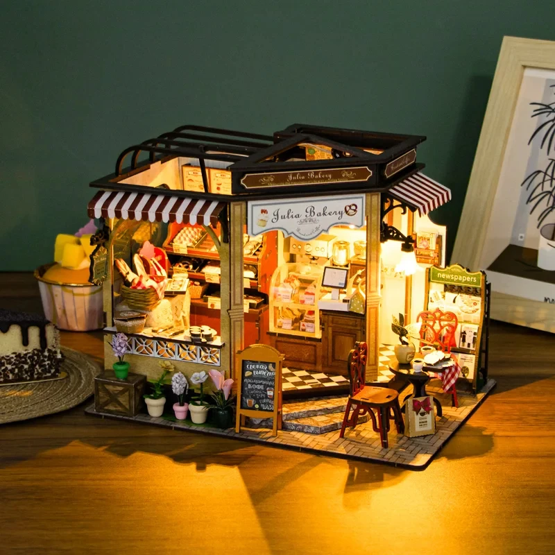 

OUZEY Miniature Wooden Dollhouse Model Kit with Furniture Lights DIY Julia Bakery Casa Cottage for Kids Birthday Gift Decoration