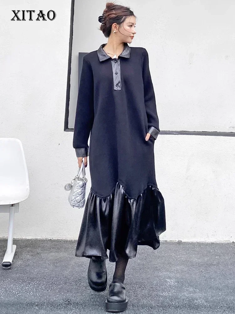 

XITAO Casual Solid Color A-line Turn-down Collar Mid-calf Women Clothing Grace New Fashion Slimming Spring Female Dress GJ1125