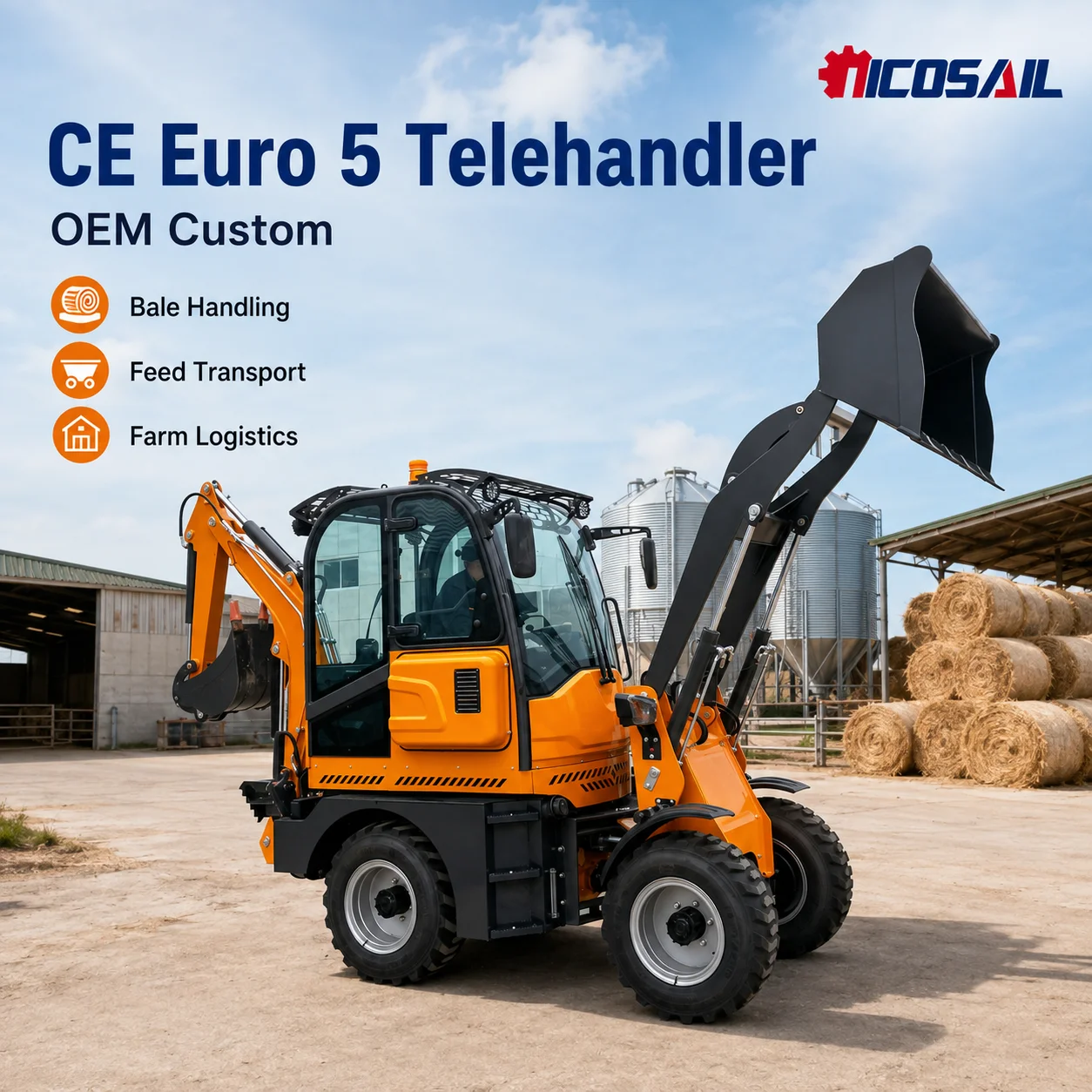 OEM Custom CE Euro 5 Telehandler with Telescopic Boom for Bale Handling, Feed Transport and Farm Logistics