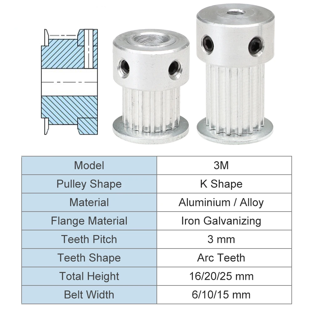 12T 14T 15T 16T 3 メートル合金プーリー円弧歯ボア 4/5/6/6.35/8 ミリメートル K 形状プーリーホイール幅 7/10/15 ミリメートルタイミングベルト