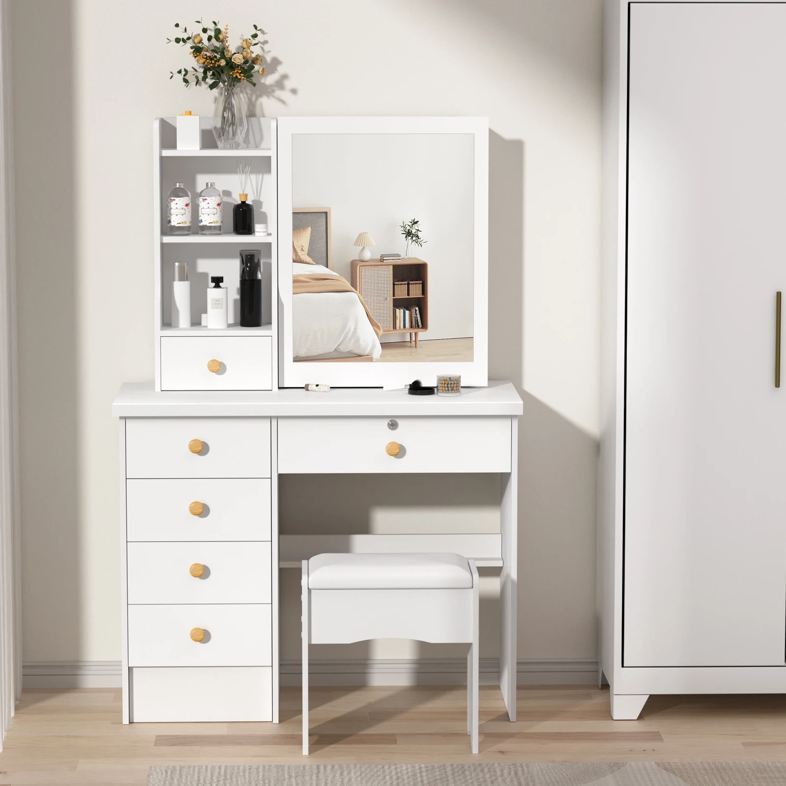 Vanity White dressing table with sliding mirror & stool 4 drawers home high-end bedroom dressing cabinet integrated small apart