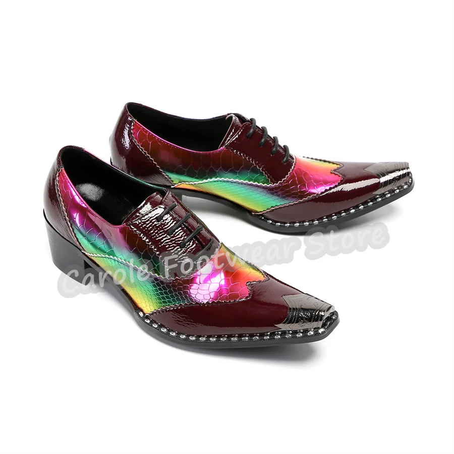 Fashion Mixed Color Splicing Genuine Leather Loafers for Men Rivet Decor Pointed Toe Lace-Up Oxfords Male Business Formal Shoes
