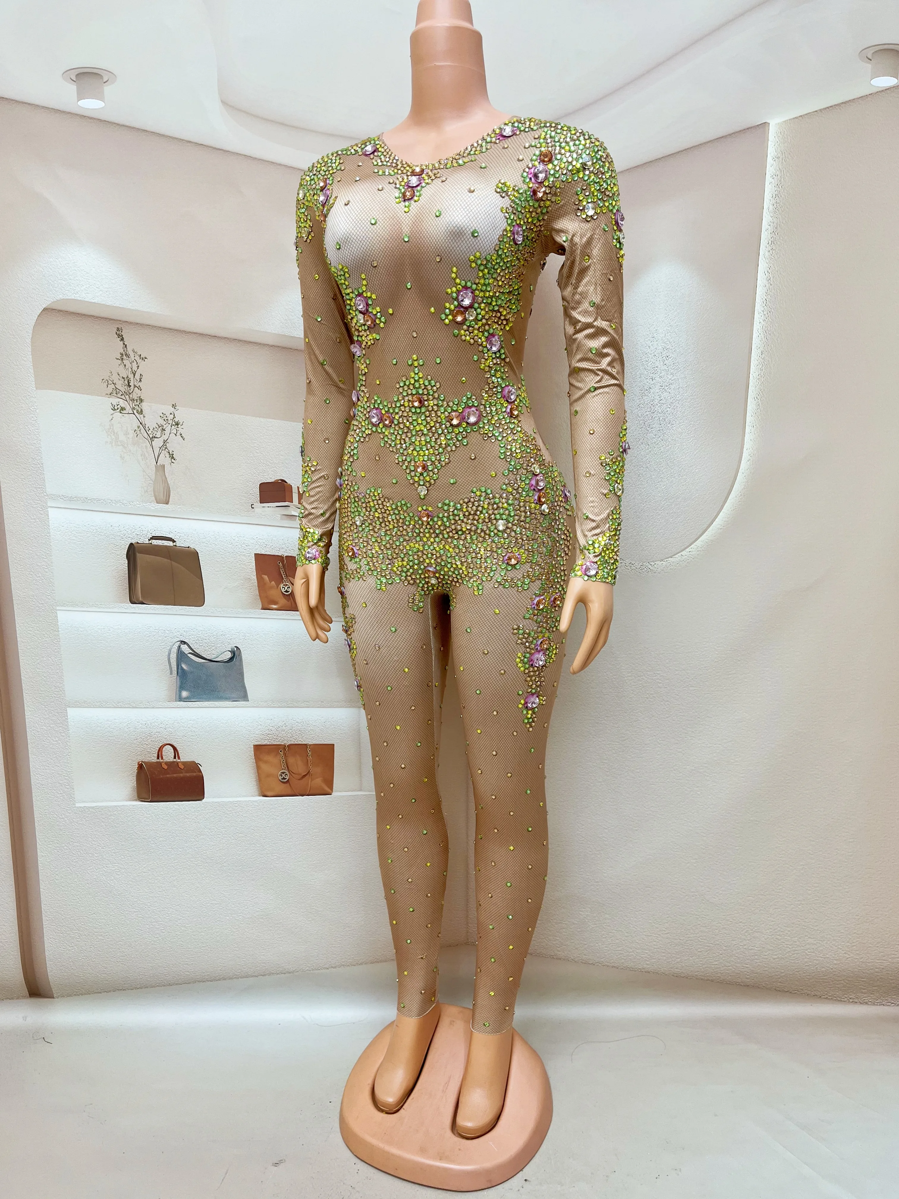 Sexy Nude Gold Rhinestones Bodysuit Spandex Good Stretch Green Jumpsuit Outfit Birthday Party Dance Collections tianyuan