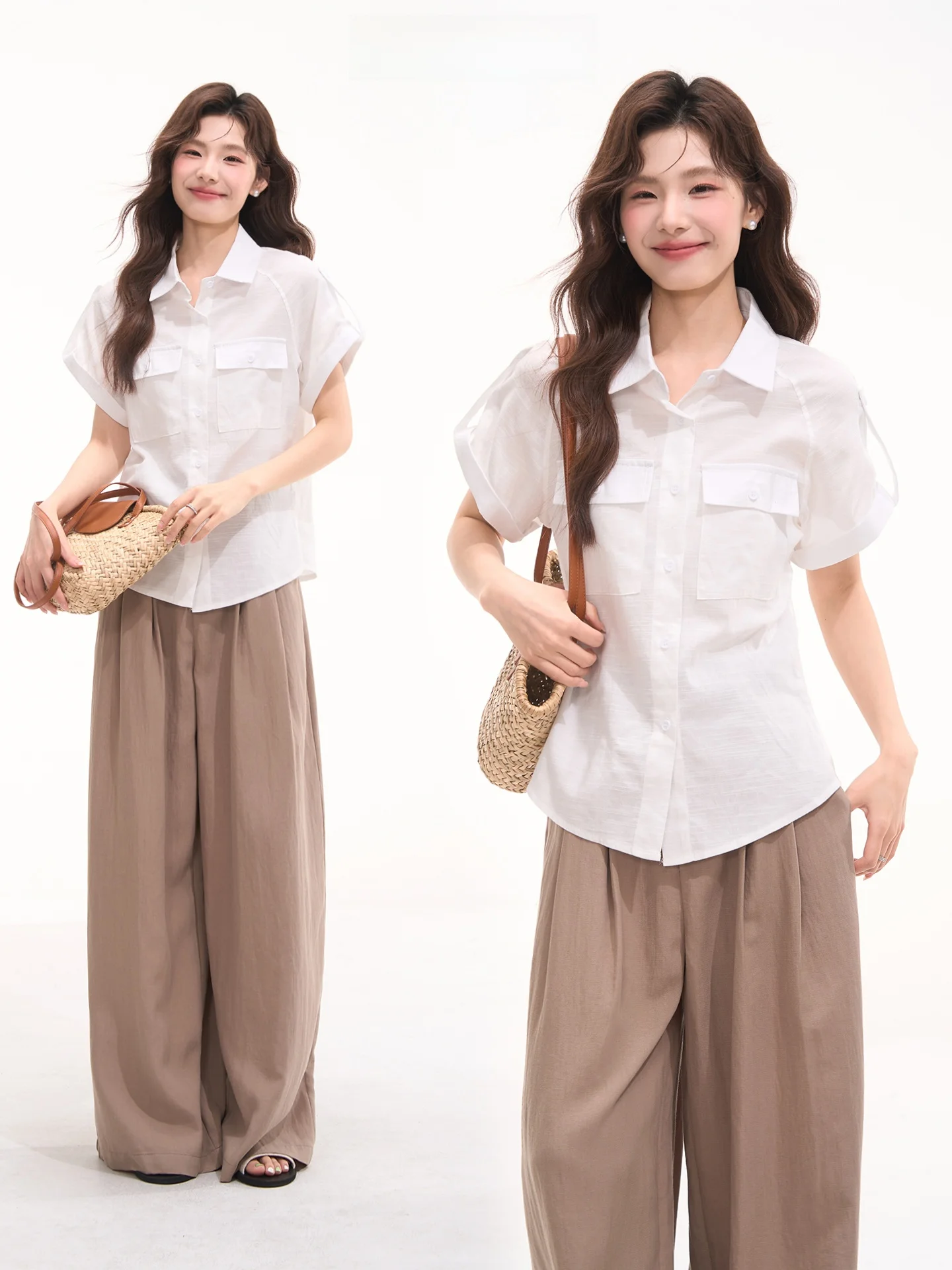 

Heme Summer Commute Simple Versatile Short Sleeve Shirt Women's Top Floral Field Window Korean Style Cotton Linen Blend