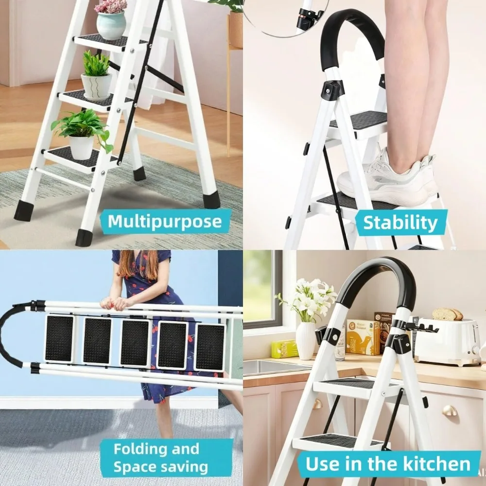 Taburete plegable de aluminio ligero con patadas antideslizantes anchas y mango acolchado para cocina, baño y uso doméstico