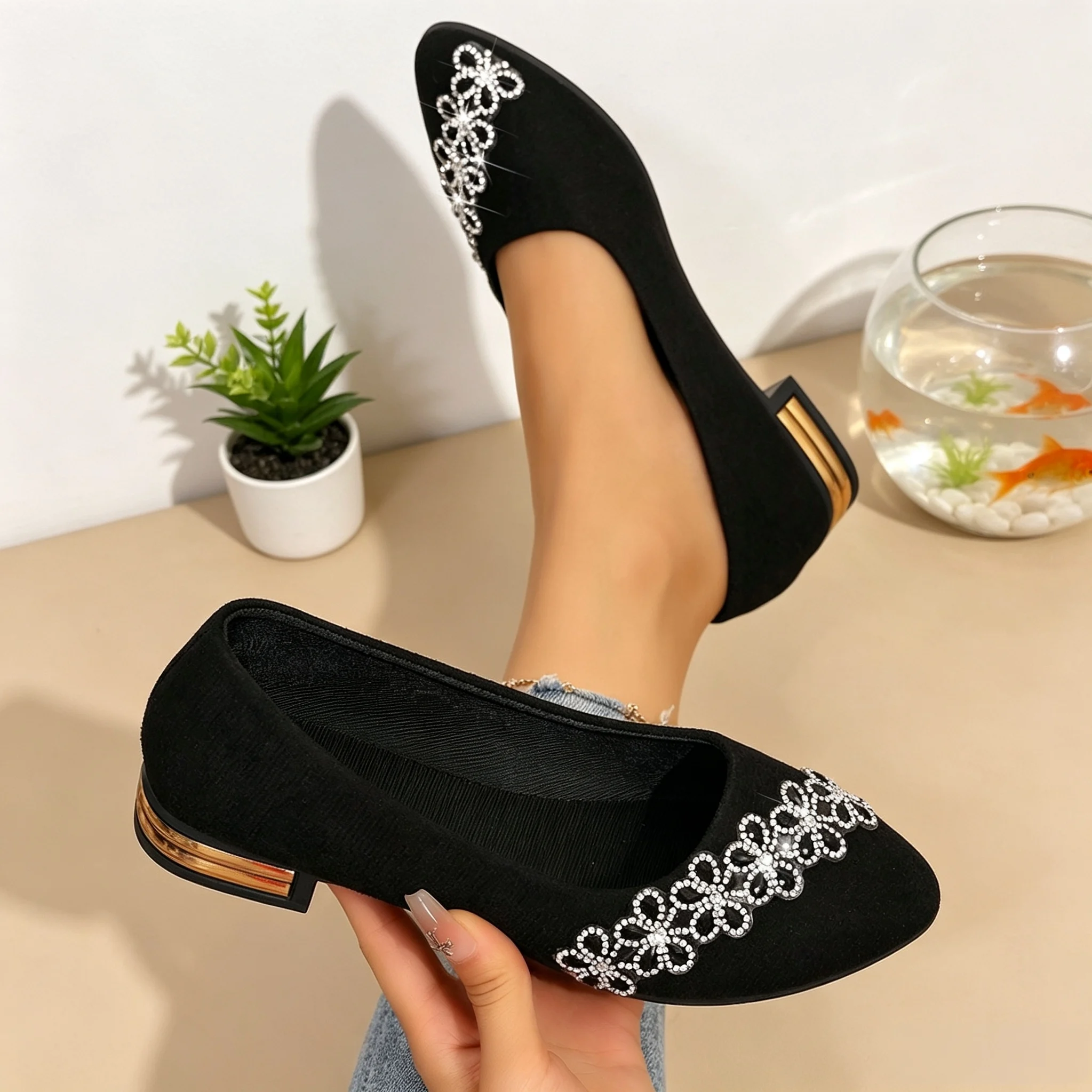 Trendy French Pointed‑Toe Women Slip‑On Shoes, Rhinestone Flower Plus‑Size Low‑Heel Shallow‑Mouth Soft‑Sole Footwear image 5