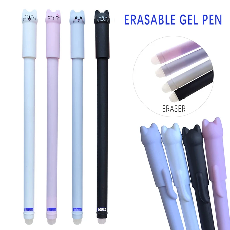 Kawaii Cat-bolígrafo de Gel borrable de 0,5mm, tinta mágica azul y negra, juego de bolígrafos con goma de borrar, Escuela creativa, regalos para