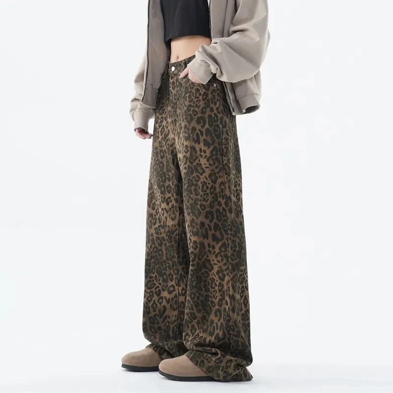 American Retro Leopard Print Jeans Women Spring And Summer 2025 Fashion Wide Leg Pants Loose Drape Mopping Trousers