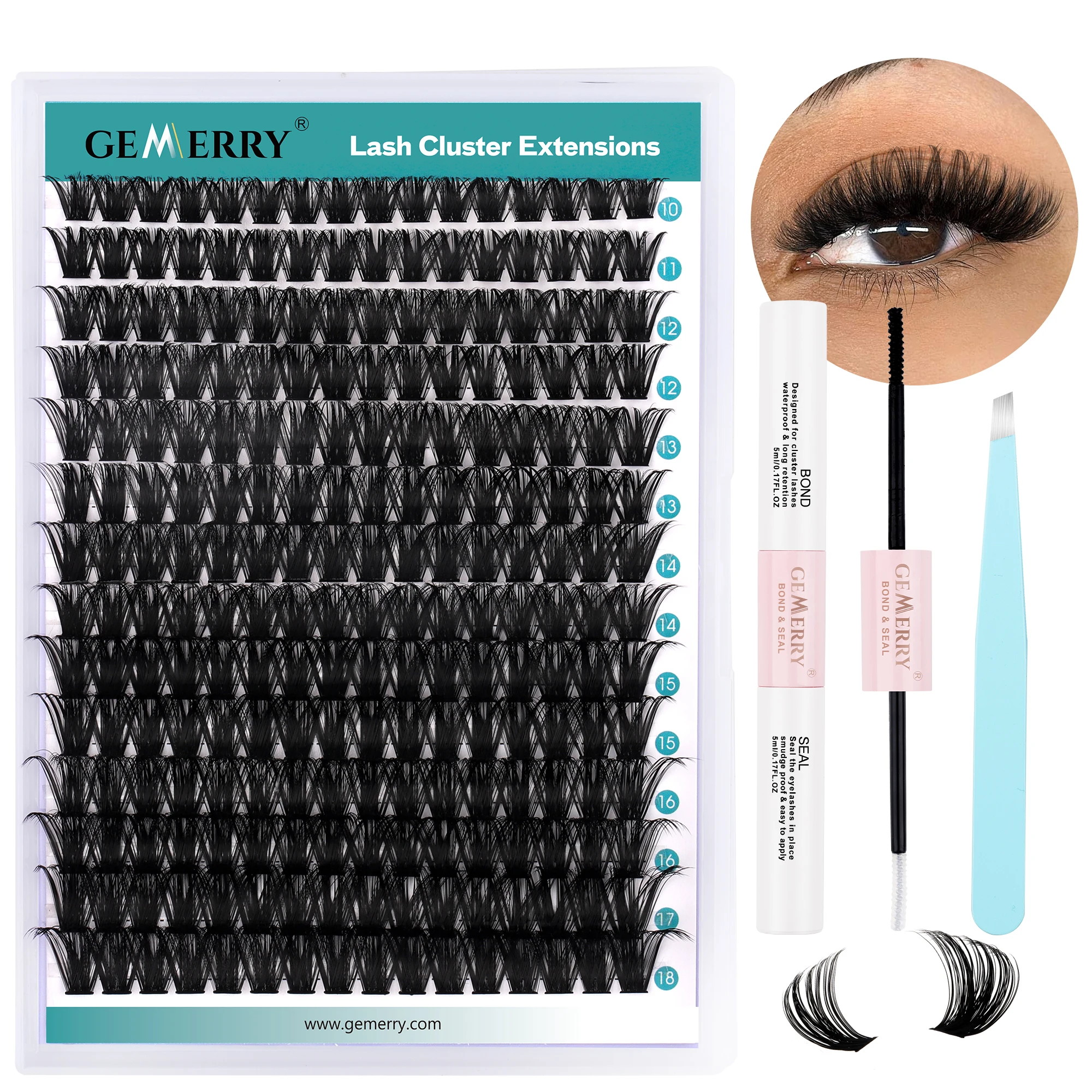 GEMERRY DIY Cluster Eyelash Extensions Kit with Lash Bond and Seal and Tweezers for Beginners 280PCS Individual Makeup at Home