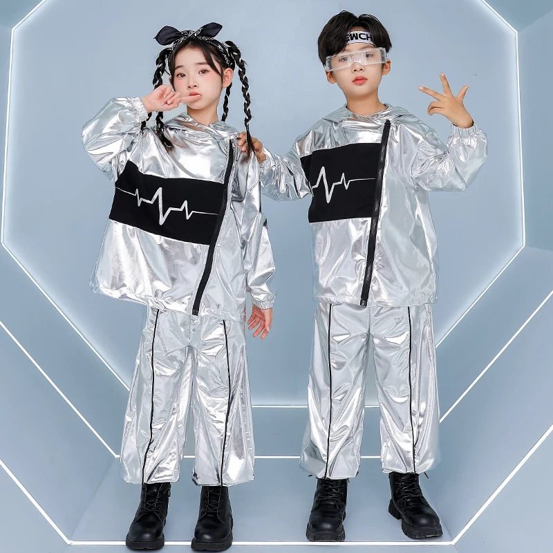 Zilver Jazzdans Kleding Kinderen Show Prestaties Pak Hip Hop Broek Mode Hoodie Jongens Meisjes Street Dance Wear VDL4847