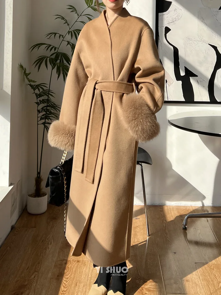 

High-end V-neck Cashmere Wool Coat Long Women New Real Fox Fur Sleeves Double-sided Woolen Coat Bathrobe Loose Tie Autumn Winter