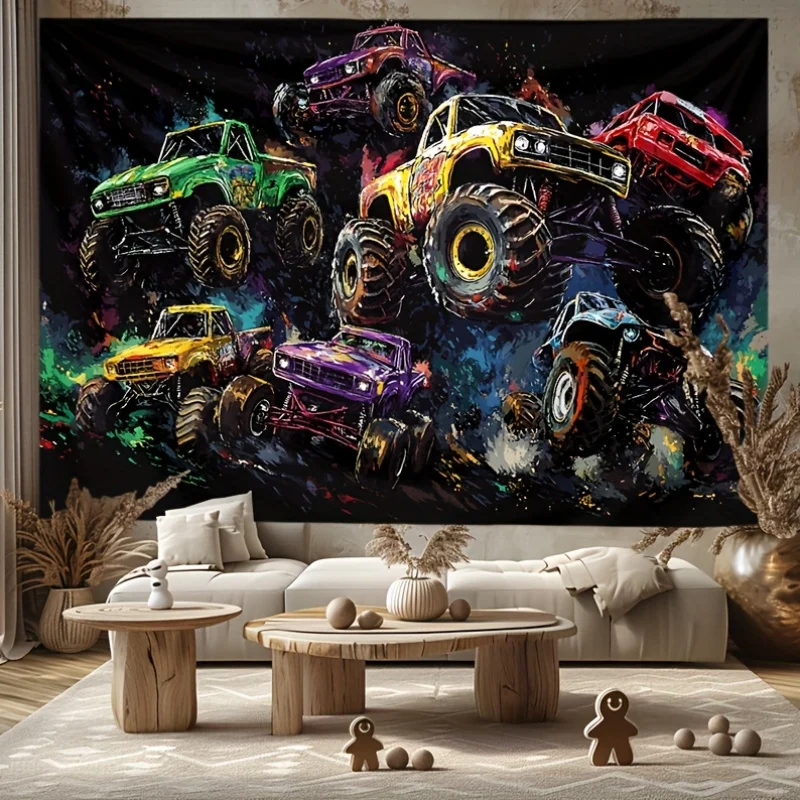 VIKAMA Lebhafter Off-Road Monster Truck Wandteppich, modernes, minimalistisches Wohnzimmer, Sofa, Hintergrund, Wanddekoration, Raumakzent