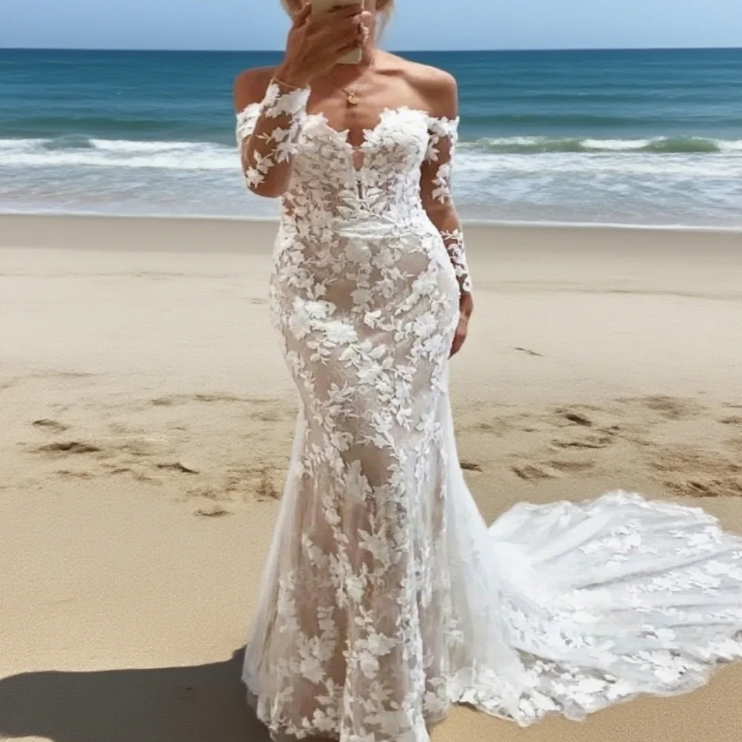 Customized off-shoulder lace appliqués mermaid wedding dress. Thin chiffon with bohemian style, formal wedding gown.