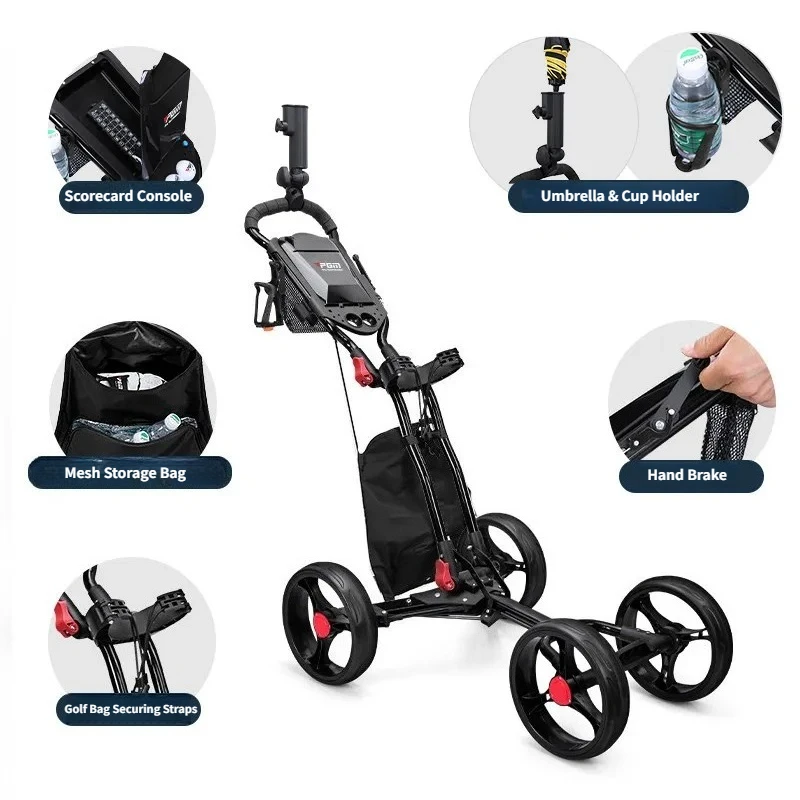 PGM Foldable 4-Wheel Golf Trolley, Manual Brake Golf Push Cart with Umbrella Rack and Water Bottle Holder, Portable Golf Course