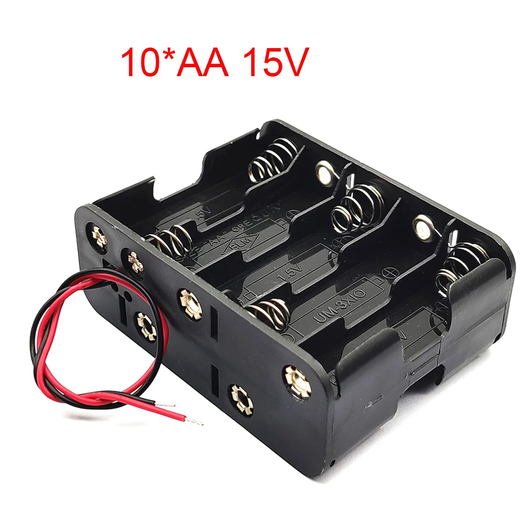 10 AA Battery Holder AA Battery Box 10AA Battery Case 15V Clip Holder Box Battery Storage Case With Wire Leads Black 10*AA 15V