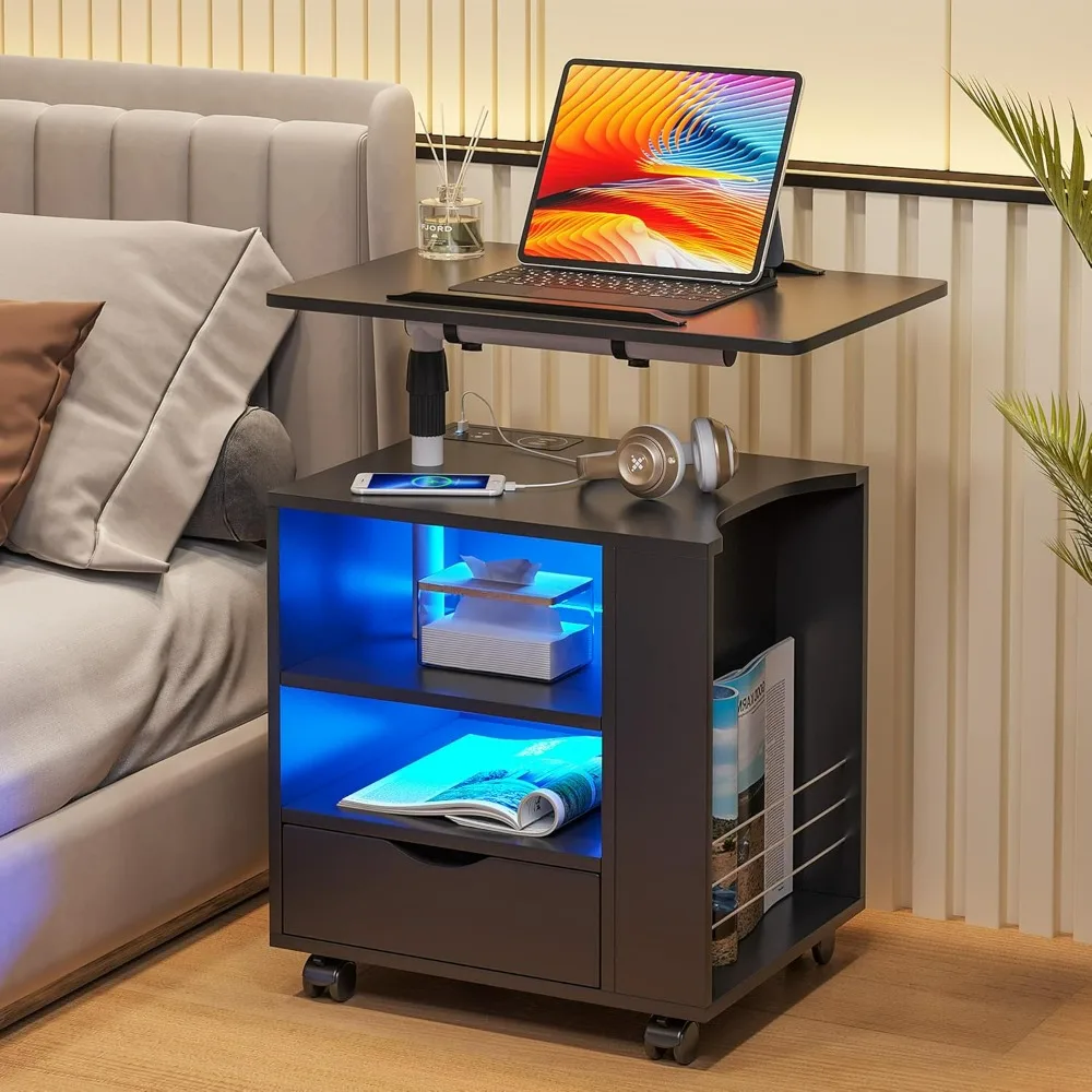 

LED Nightstand with Wireless Charging Station,Nightstand Has Adjustable Rotary Table,with Infrared Induction 3 Color Lighting