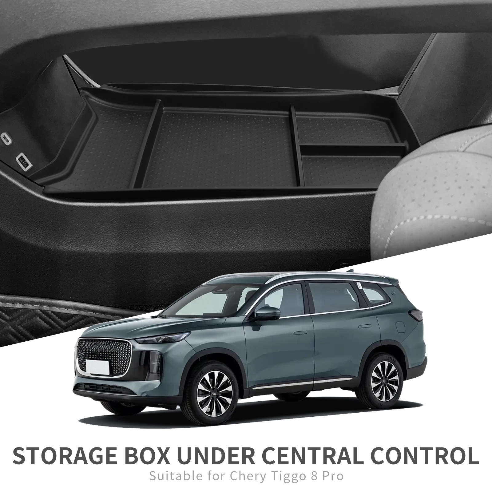 for Chery Tiggo 8 Pro 2024 2025 Center Console Lower Storage Box Car Tray TPE Organizers Accessories Tidying Black