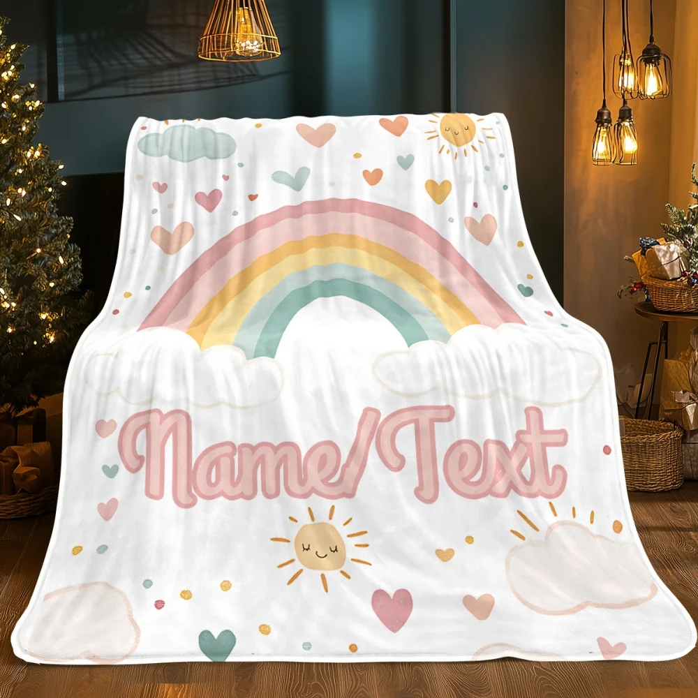 1Pc Custom Name/Text Macaron Rainbow Design Flannels Blanket, Soft and Comfortable, Suitable for Office, Home, Unique Present