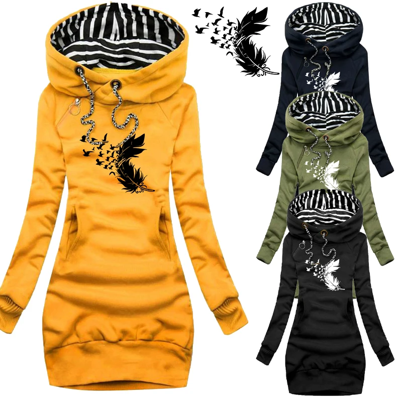 Women's Sweater Printed Dress Long Sleeve Hoodie Dress Autumn and Winter Casual Slim Sweater Hoodie Dress