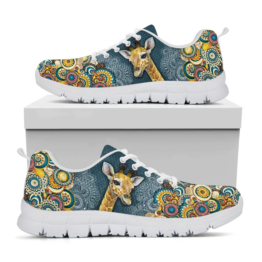 Bohemian Style Lace-up Shoes Cartoon Giraffe Print White Platform Sneakers Comfortable And Breathable Summer Shoes