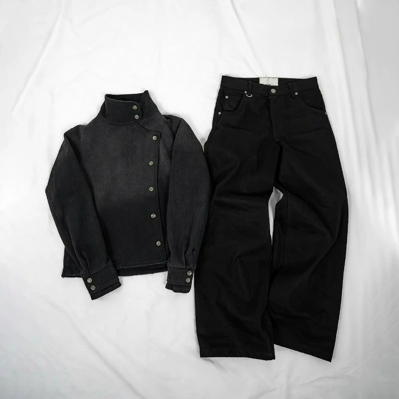 Y2k Fencing Sets Canvas Baumwolle Gewaschen Farbverlauf Herren Damen Partnerlook Sets High Street Harajuku Streetwear Unisex Boxy Freizeitanzug