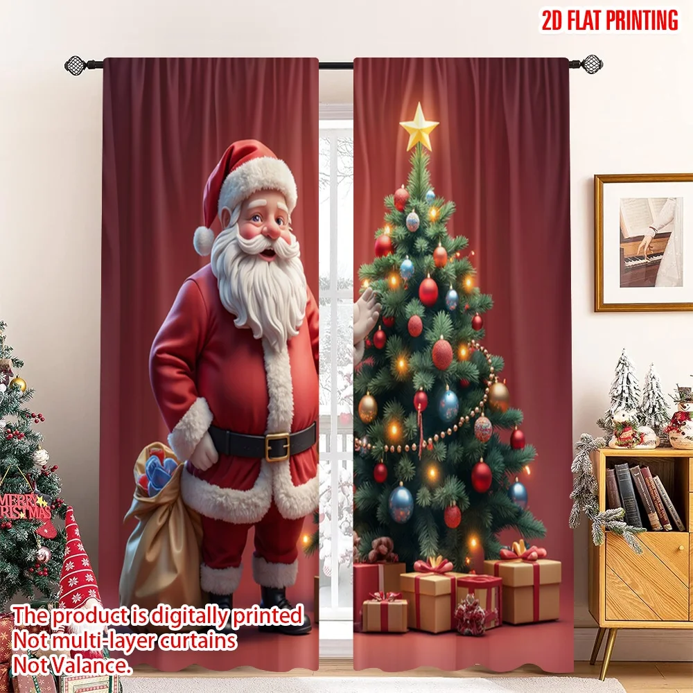 

2pcs 2D flat printing Merry Christmas Party Curtains Santa Christmas Tree Gifts_a Polyester Without Electricity Family Party Use