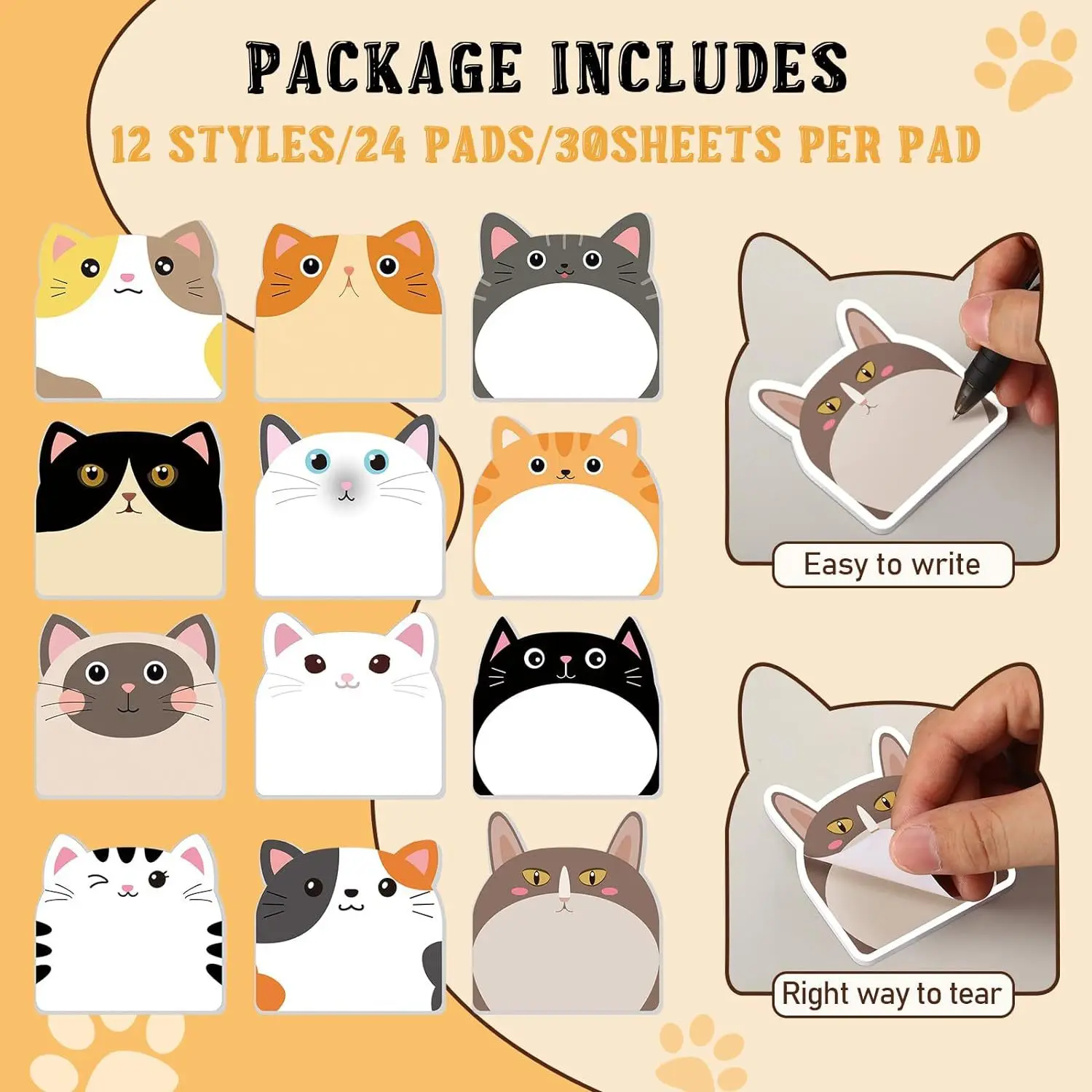 Gato dos desenhos animados Sticky Notes, Kawaii N Times Adesivos, Memorando de Papel, Papelaria Escolar, Material de Escritório, 360 Folhas, 12Pcs