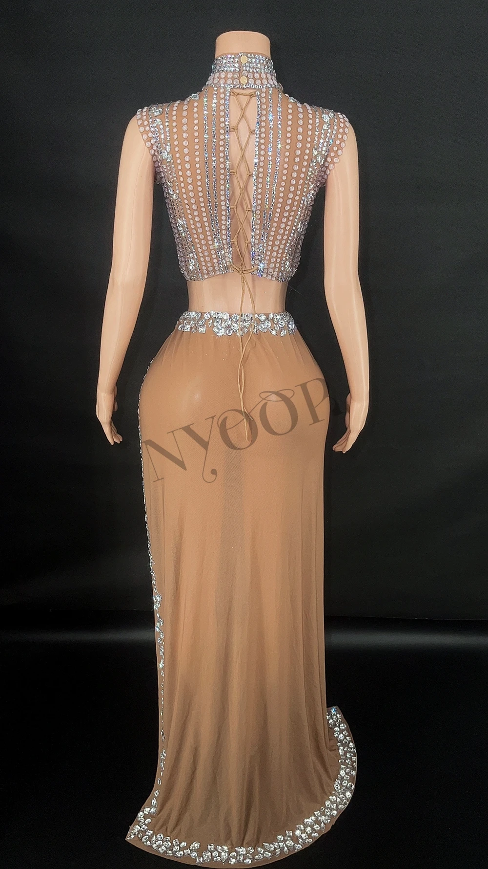 Sparkly Rhinestones Crop Top High Split Long Skirt for Women Sexy Mesh Celebrate Evening Prom Birthday Dress Photo Shoot Wear