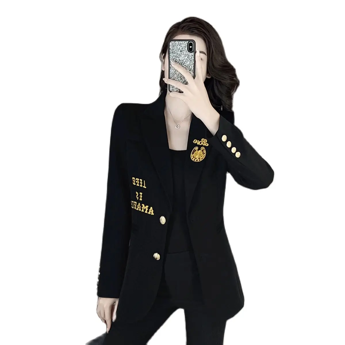 Casual Small Suit Suit Jacket Ladies Spring And Autumn New Style Black Embroidery Temperament Blouse