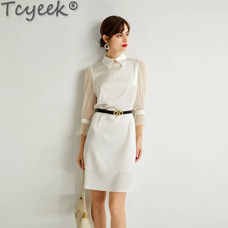 Tcyeek-Vestido de seda real amora para mulheres, vestidos Midi elegantes, roupas monocromáticas, moda, verão, USD 4%, 2022