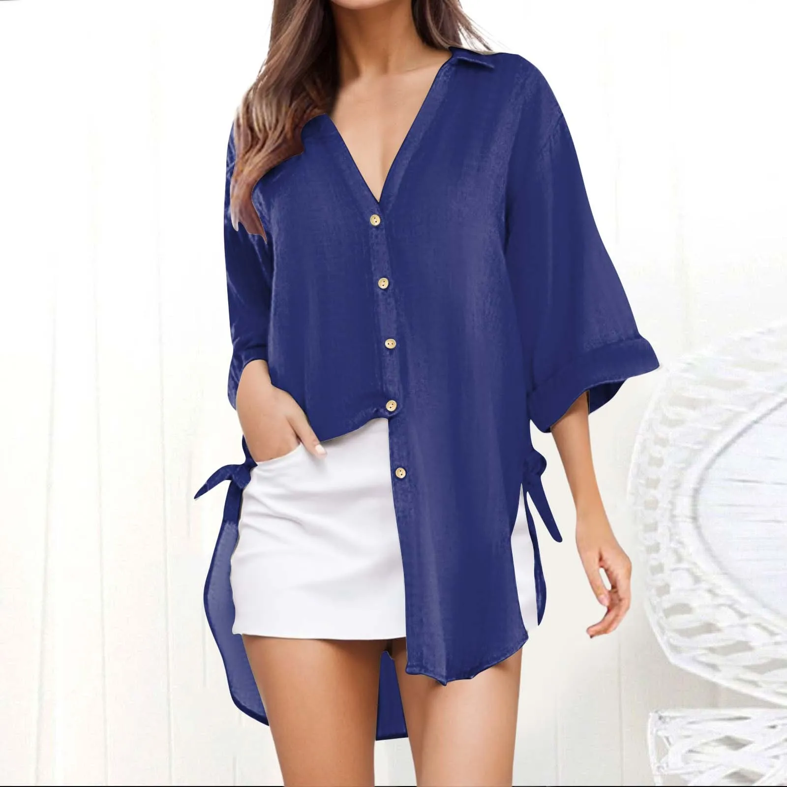 Women\'s Blouse Cotton Shirt Summer Solid V Neck Loose Casual Tops Casual Cover-ups Fashion Long Sleeves Tunics Female Clothing