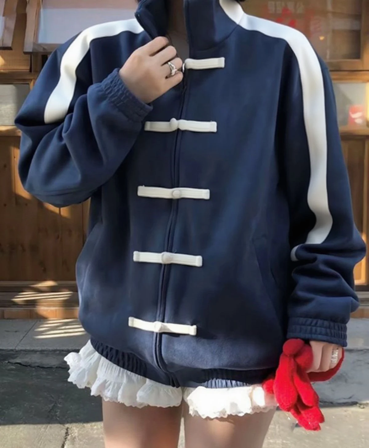 

Women Sports Casual Y2k Jacket 2026 Spring Buttoned Striped Coat Female Long Sleeves Vintage Frog Closures Tops Outerwear