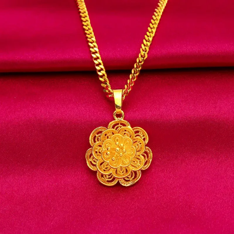 fashion 100% 24k real gold 999 plated jewelry set sun flower 3mm 45cm collarbone necklace earrings and rings gifts for women