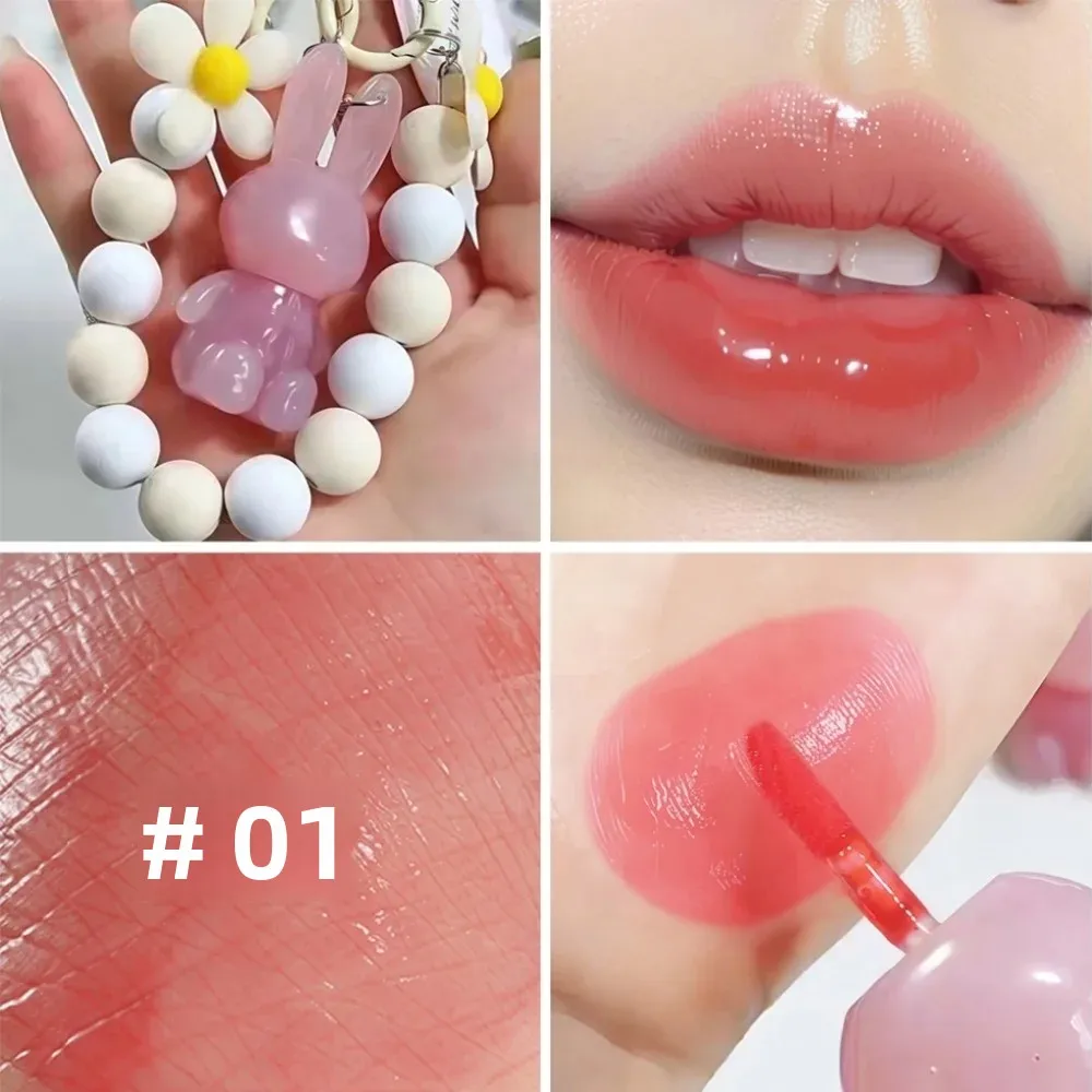 ミラー保湿リップグロス、カップに付かない、キュートなウサギのハンドブレスレットキーホルダー付き、リップグロス、防水、長持ちするリキッドリップスティック